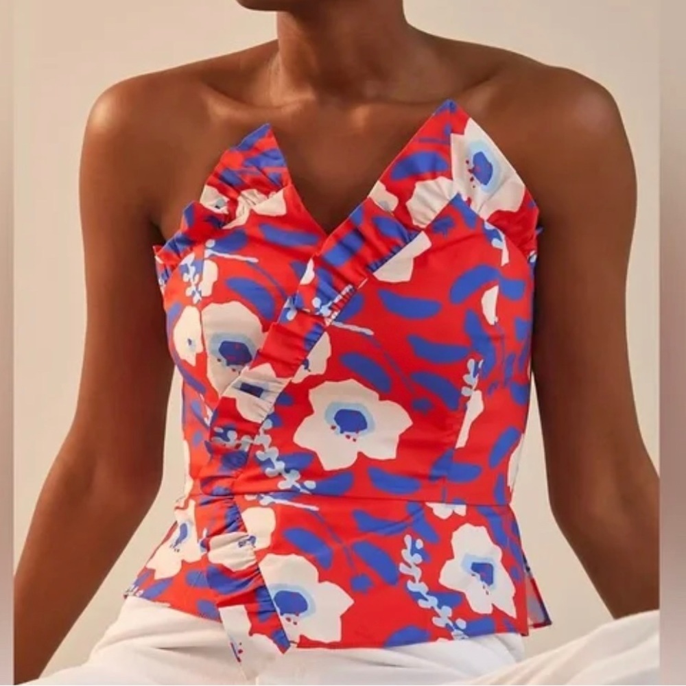 Anthropologie Hutch Motif Corset Top Floral Strapless Ruffle Red Blue size 6